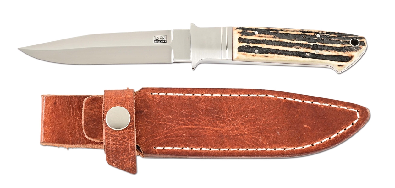 DIETMAR KRESSLER FIGHTER KNIFE WITH STAG HANDLE AND LEATHER SCABBARD.
