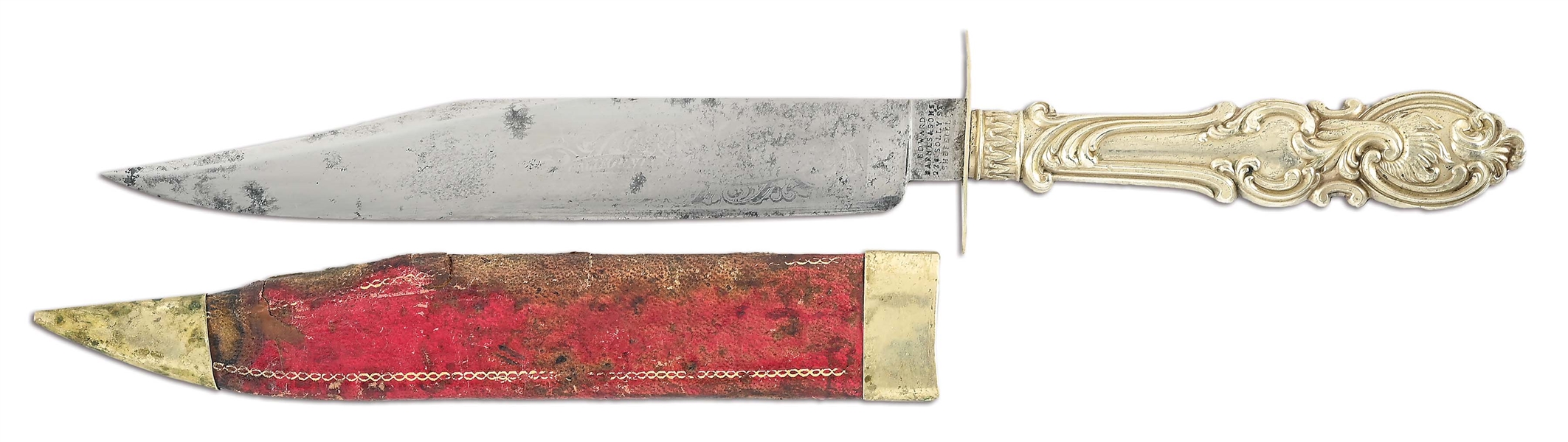 BARNES CALIFORNIA GOLD RUSH KNIFE IN RED LEATHER SCABBARD.