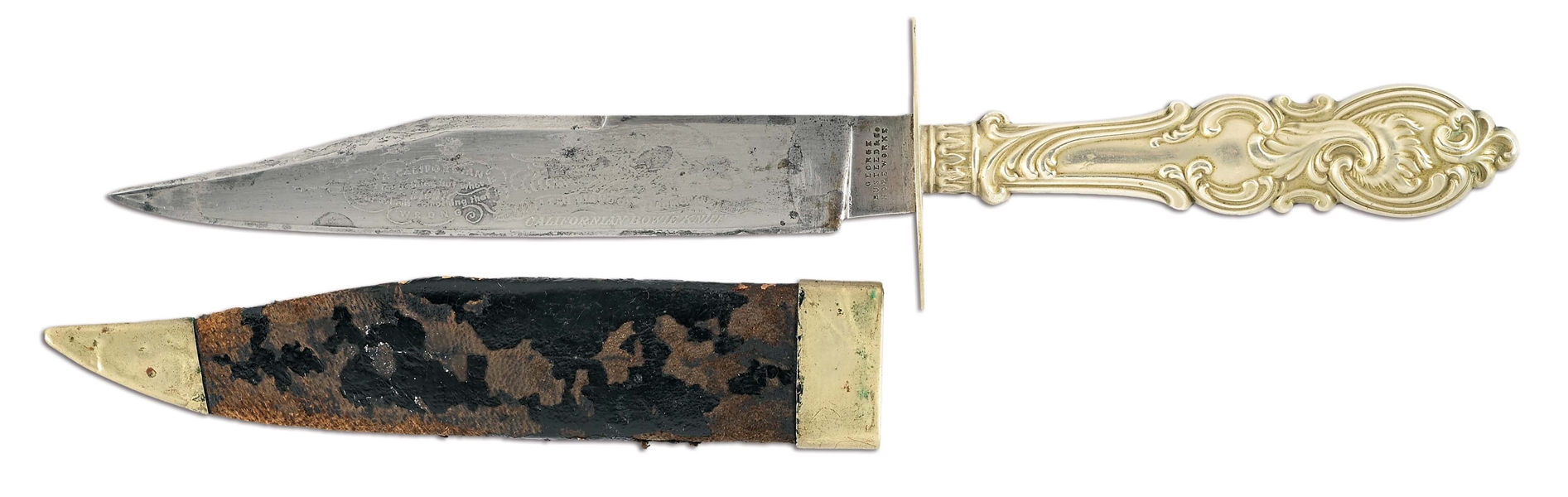 CALIFORNIA GOLD RUSH KNIFE IN BLACK LEATHER SCABBARD MANUFACTURED BY BUSTEED & CO.