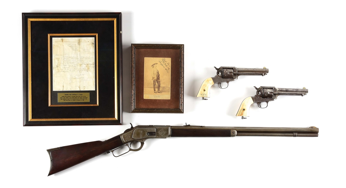 (A) WILLIAM F. "BUFFALO BILL" CODY ATTRIBUTED WINCHESTER 1873, PAIR OF REMINGTON 1890 REVOLVERS, AND SIGNED CABINET CARD.