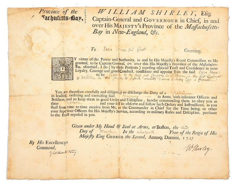 1745 MASSACHUSETTS COMMISSION CAPT. EZRA MORSE, JR., BY GOV. SHIRLEY