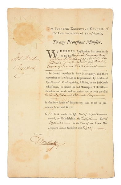 JOSEPH REED SIGNED 1780 AUTHORIZATION.