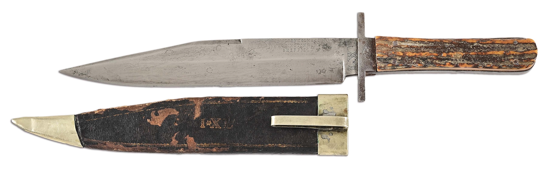 CLIP POINT BOWIE KNIFE WITH UNUSUAL IRON GUARD BY GEO. WOSTENHOLM, SHEFFIELD.
