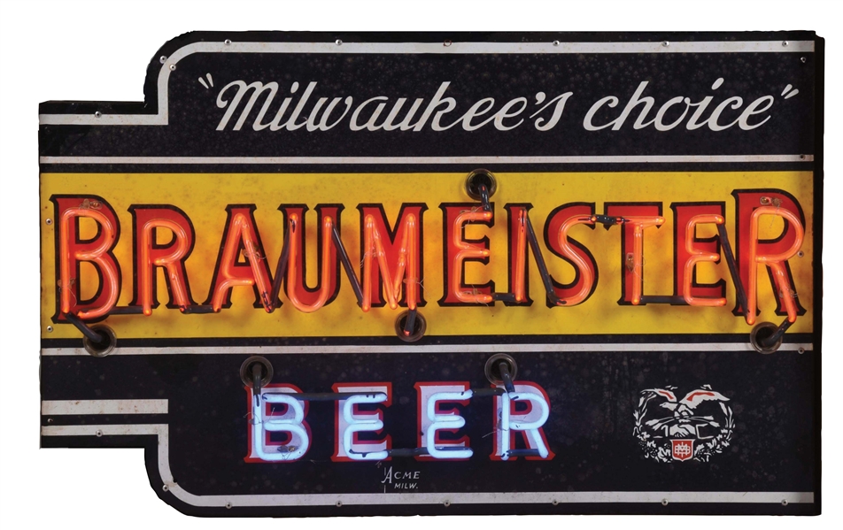 SINGLE-SIDED PORCELAIN BRAUMEISTER BEER NEON SIGN W/ EAGLE GRAPHIC.