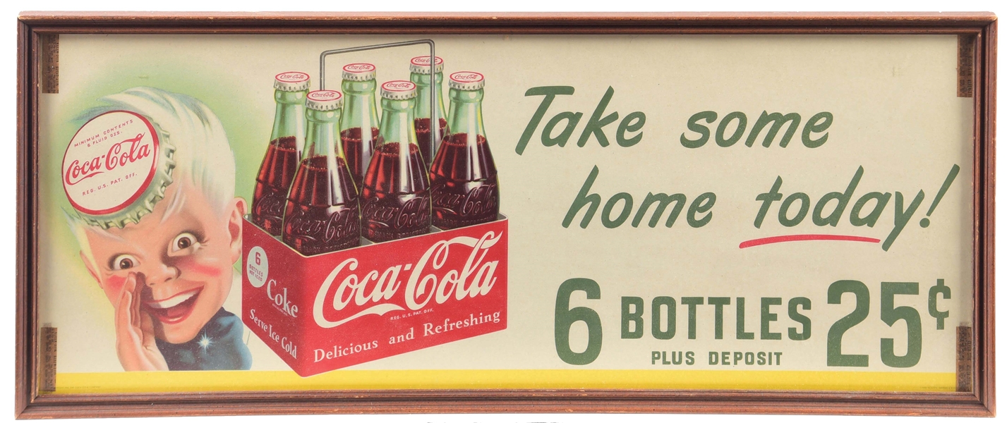 COCA-COLA "TAKE SOME HOME TODAY" PAPER LITHOGRAPH W/ 6 PACK GRAPHIC.