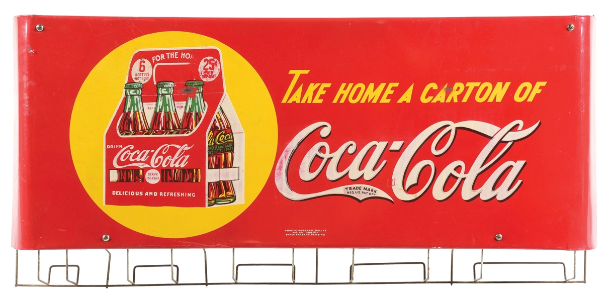 "TAKE HOME A CARTON OF" COCA-COLA PAINTED METAL BAG HOLDER W/ CARDBOARD 6-PACK GRAPHIC.