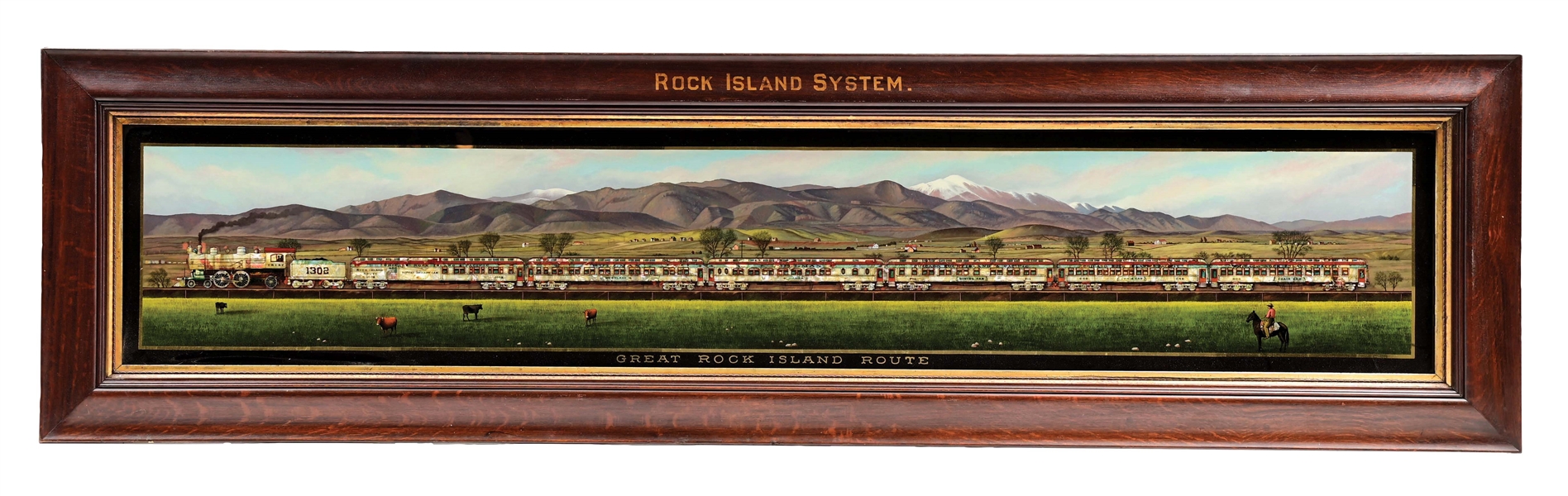 ROCK ISLAND RAILROAD REVERSE GLASS & INLAYED SIGN IN ORIGINAL FRAME.