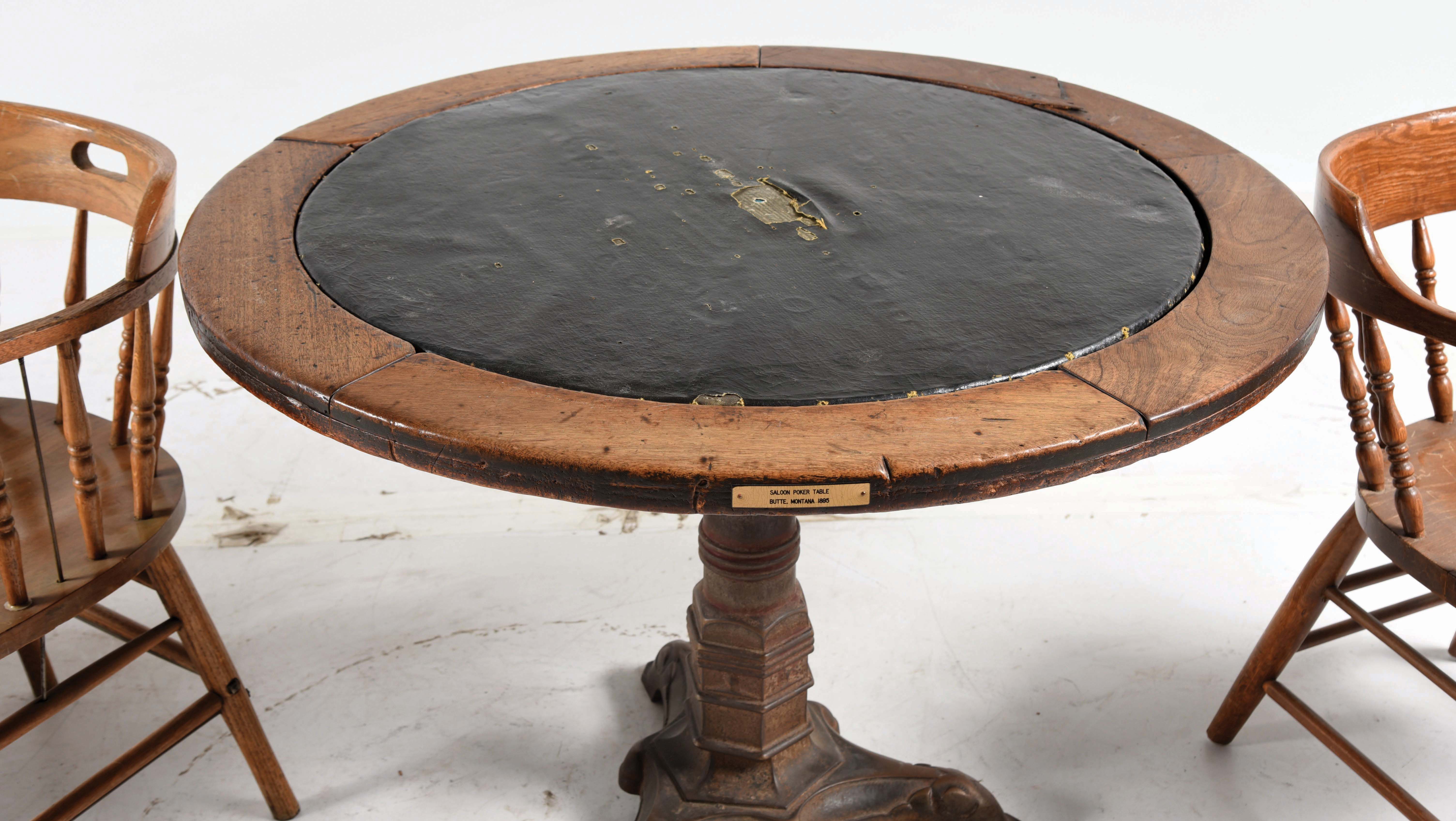 Lot Detail - LEATHER TOP GAMBLING TABLE AND 3 CHAIRS.