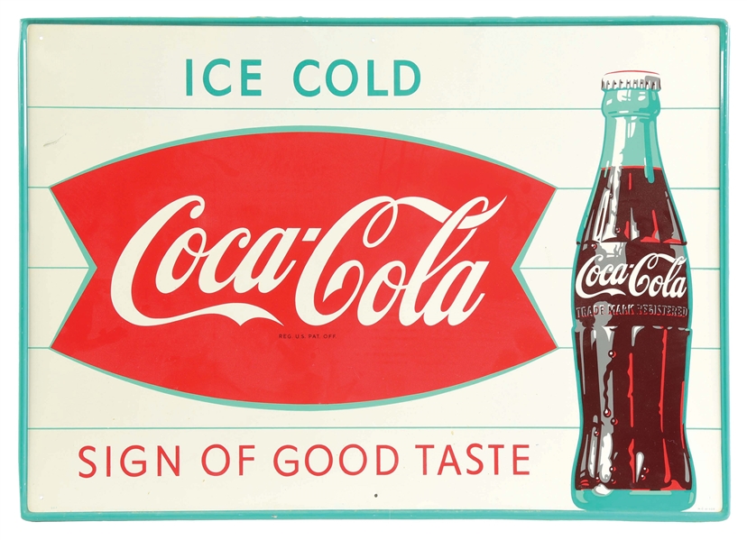 ICE COLD COCA-COLA "SIGN OF GOOD TASTE" SELF-FRAMED TIN SIGN W/ BOTTLE GRAPHIC.