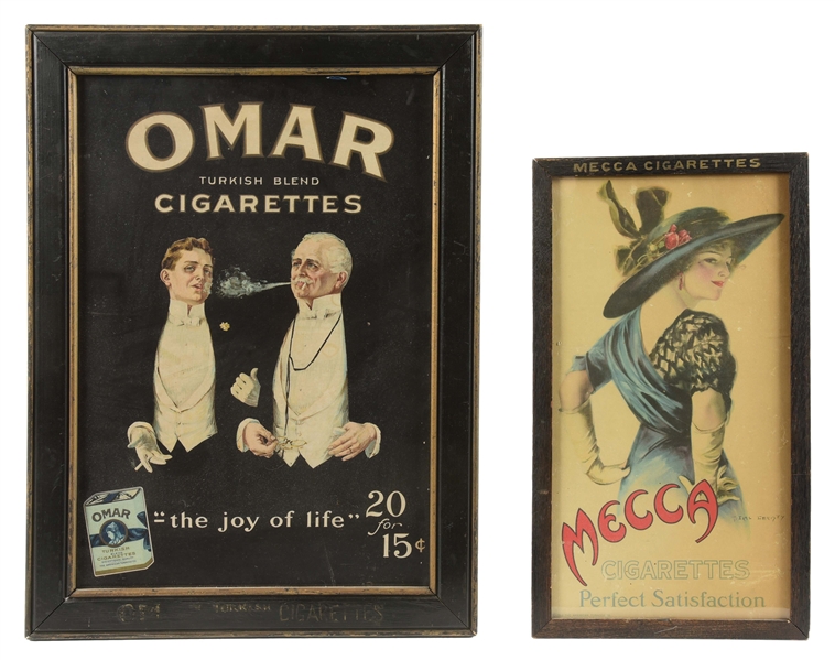 LOT OF 2: OMAR AND MECCA FRAMED CIGARETTE ADVERTISEMENTS.