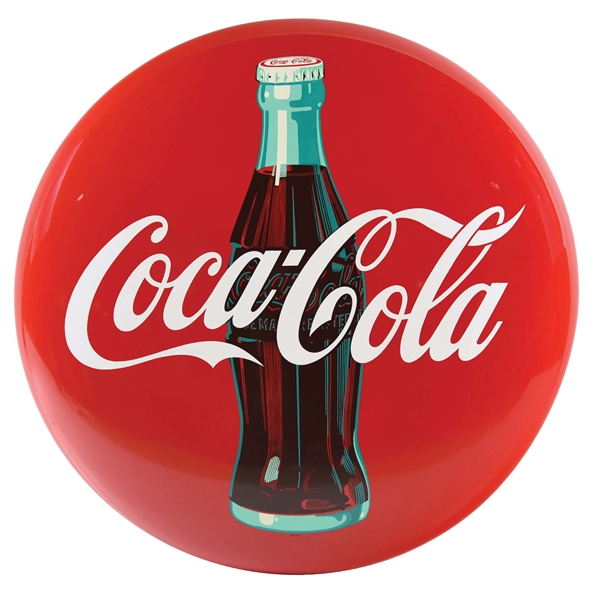 36" PAINTED TIN COCA-COLA BUTTON W/ BOTTLE GRAPHIC.