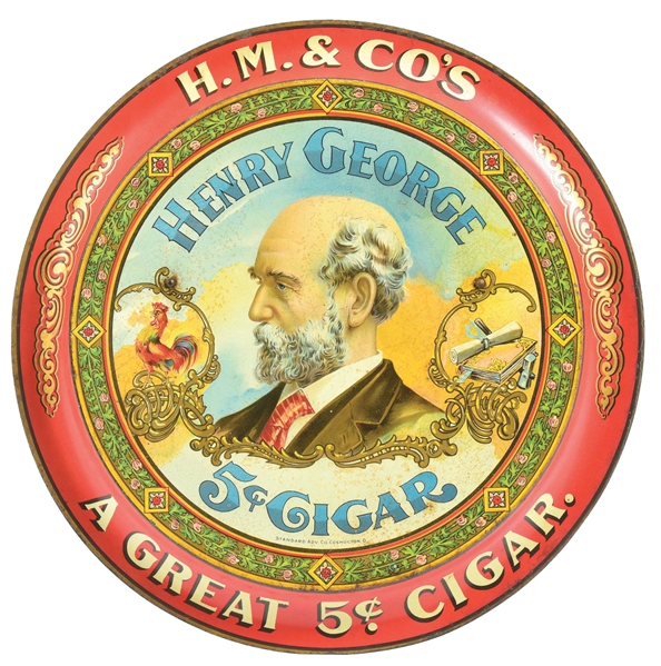 HENRY GEORGE 5¢ CIGAR TIN SIGN W/ ORIGINAL EASEL.