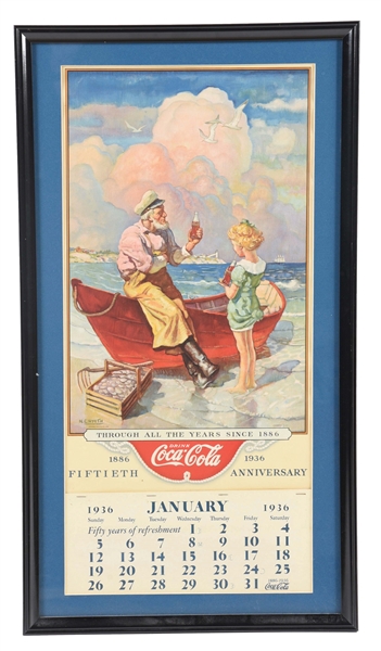 NEW OLD STOCK 1936 COCA-COLA PAPER LITHOGRAPH CALENDAR W/ FISHERMAN & LITTLE GIRL GRAPHIC.