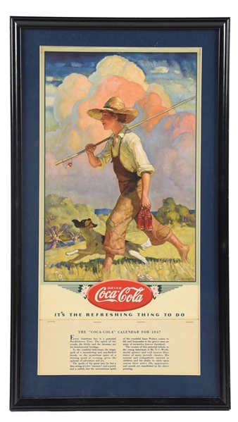 NEW OLD STOCK DRINK COCA-COLA PAPER LITHOGRAPH CALENDAR W/ LITTLE BOY & DOG GRAPHIC.
