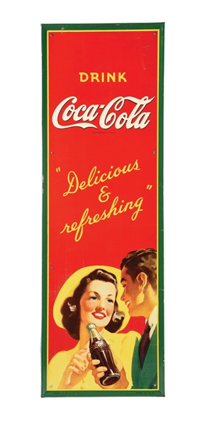 SELF-FRAMED TIN DRINK COCA-COLA "DELICIOUS AND REFRESHING" SIGN W/ COUPLE SHARING COCA-COLA GRAPHIC.