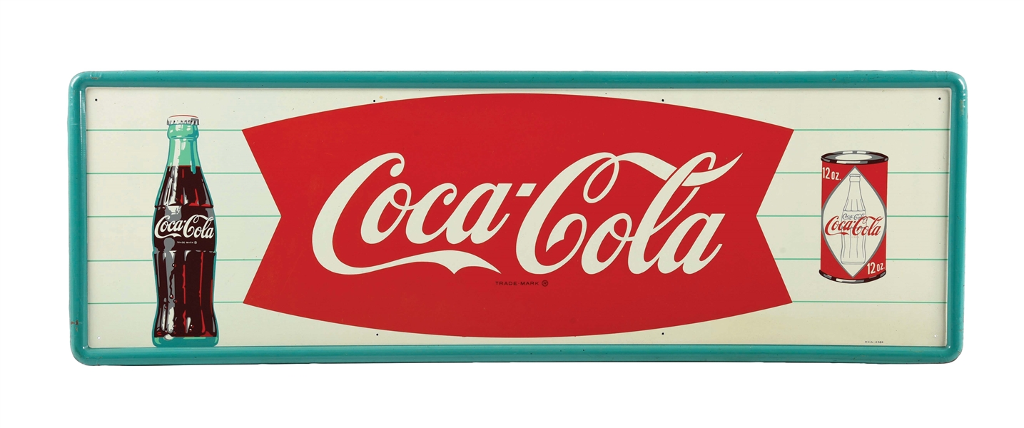 SELF-FRAMED TIN COCA-COLA FISHTAIL SIGN W/ BOTTLE & ALUMINUM CAN GRAPHIC.