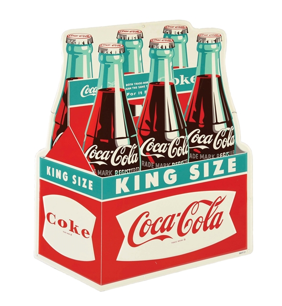 OUTSTANDING EMBOSSED DIE-CUT TIN COCA-COLA KING SIZE 6-PACK SIGN.