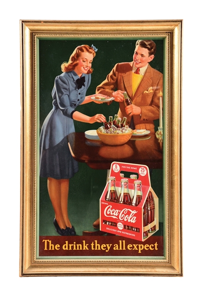 OUTSTANDING "THE DRINK THEY ALL EXPECT" COCA-COLA CARDBOARD LITHOGRAPH W/ NEWLY ADDED FRAME.