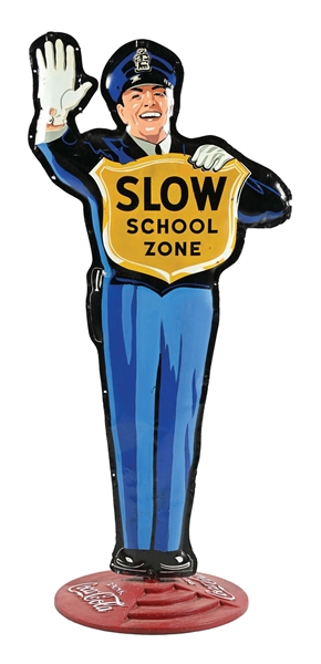 COCA-COLA DOUBLE-SIDED TIN "SLOW SCHOOL ZONE" CURB SIGN.