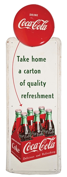 COCA-COLA SELF-FRAMED TIN PILASTER SIGN W/ SIX-PACK GRAPHIC.