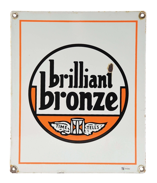 RARE JOHNSON BRILLIANT BRONZE GASOLINE PORCELAIN PUMP PLATE SIGN W/ "TIME TELLS" GRAPHIC. 