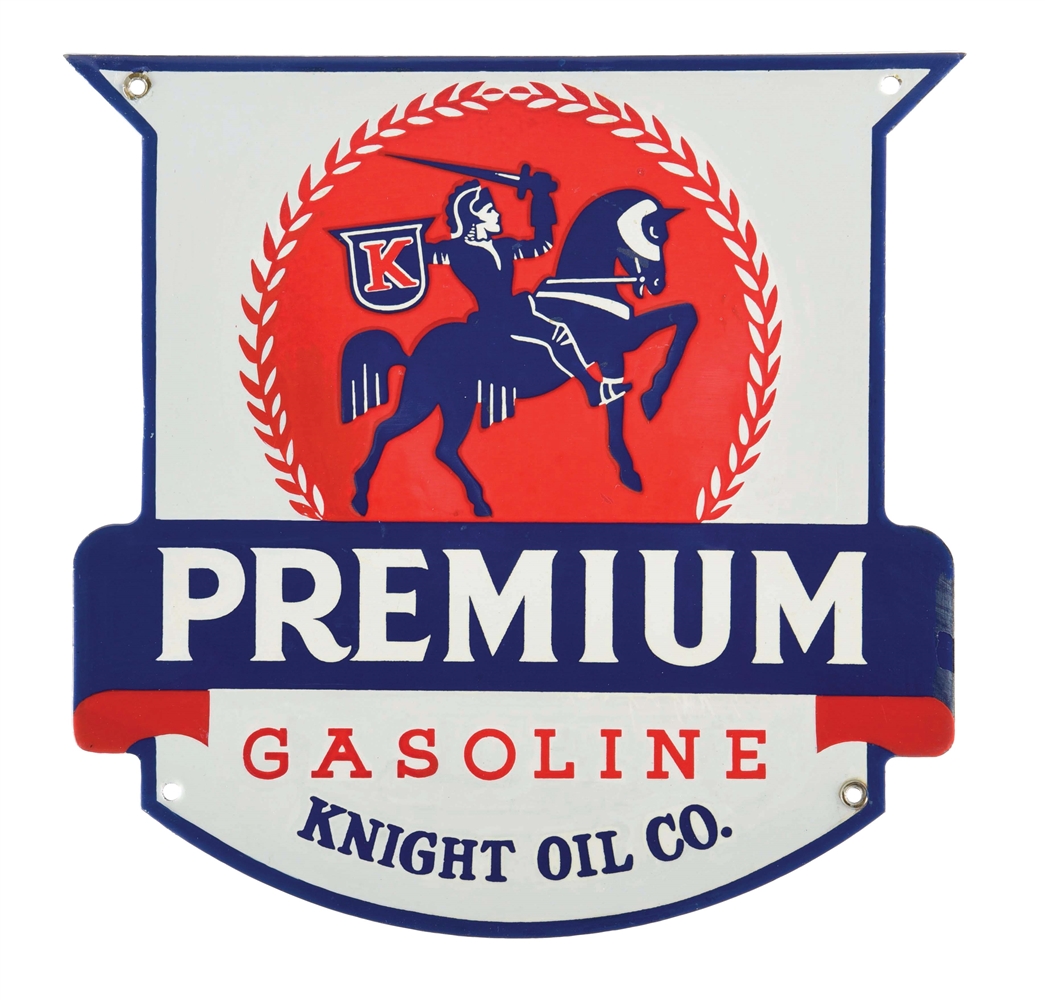 RARE KNIGHT OIL COMPANY PREMIUM GASOLINE PORCELAIN PUMP PLATE SHIELD SIGN W/ KNIGHT GRAPHIC. 