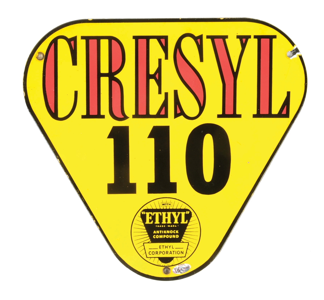 CRESYL 110 ETHYL GASOLINE PORCELAIN PUMP PLATE SIGN W/ ETHYL BURST GRAPHIC. 