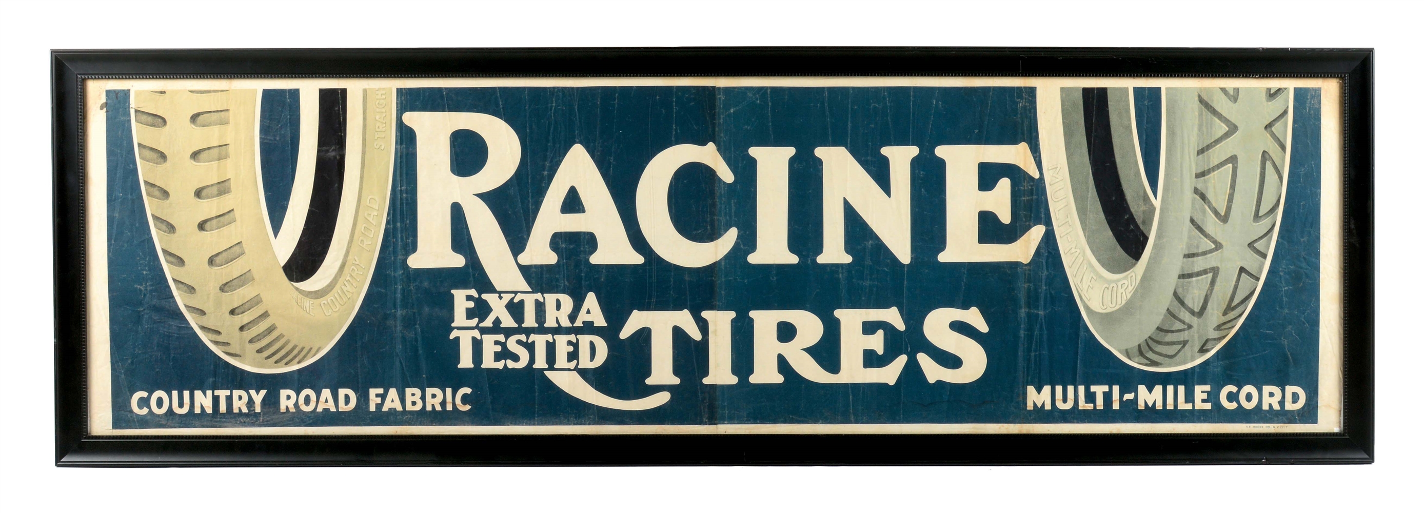 RACINE "EXTRA TESTED" TIRES FRAMED CLOTH SERVICE STATION BANNER W/ TIRE GRAPHICS. 
