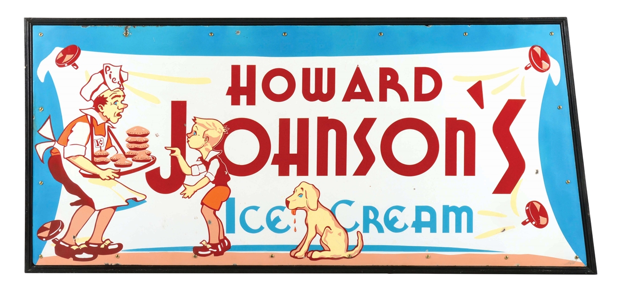 RARE HOWARD JOHNSONS ICE CREAM PORCELAIN SIGN W/ BOY & DOG GRAPHIC. 