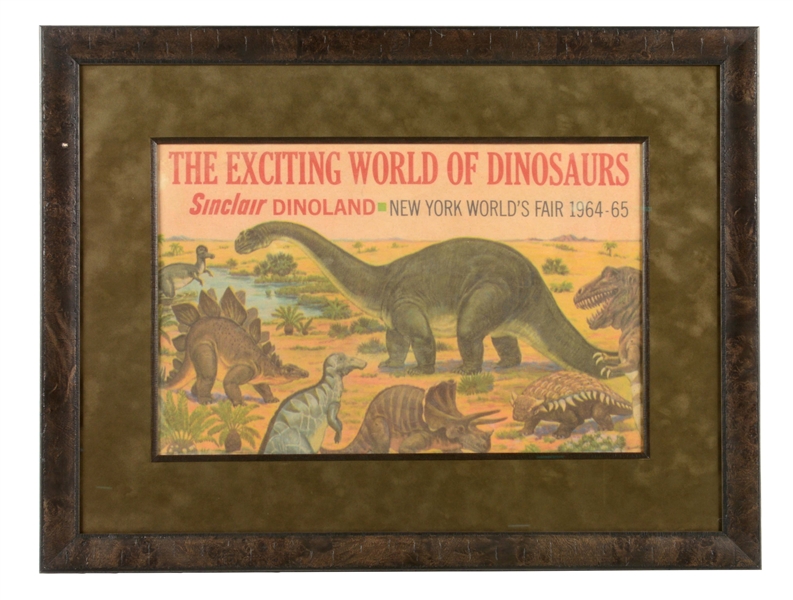 SINCLAIR DINOLAND 1964-65 NEW YORK WORLDS FAIR FRAMED DISPLAY POSTER W/ DINOSAUR GRAPHICS. 