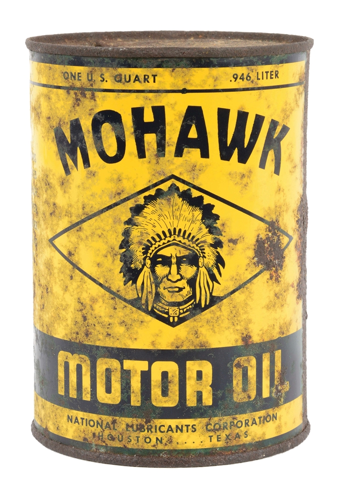 RARE MOHAWK MOTOR OIL ONE QUART CAN W/ NATIVE AMERICAN GRAPHIC. 
