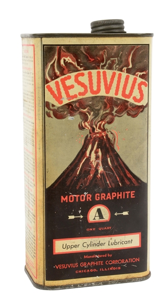 RARE VESUVIUS MOTOR GRAPHITE SQUARE QUART CAN W/ VOLCANO GRAPHIC. 