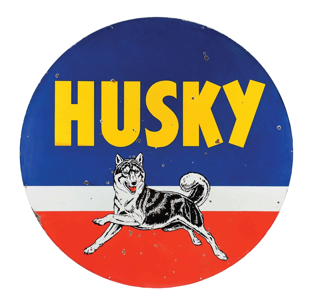 VERY RARE HUSKY GASOLINE "RED WHITE BLUE" PORCELAIN SERVICE STATION SIGN W/ HUSKY DOG GRAPHIC. 