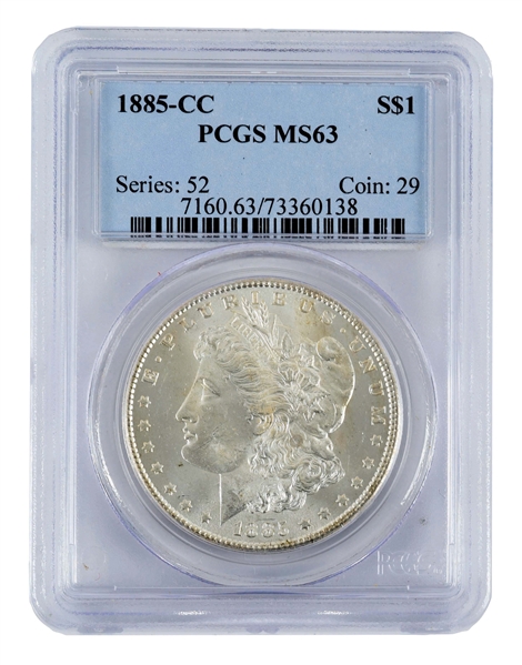 1885 CARSON CITY MORGAN SILVER DOLLAR, MS63, PCGS.