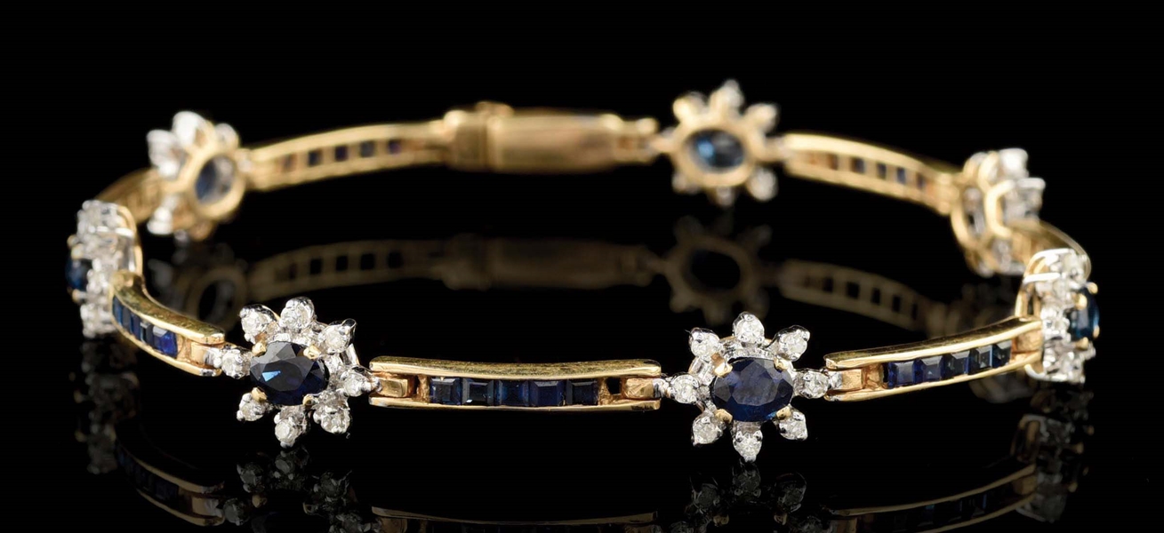 LADIES 14K YELLOW GOLD SAPPHIRE & DIAMOND BRACELET.