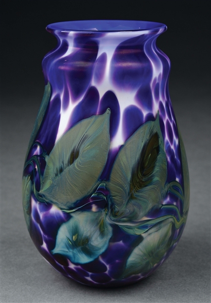 CHARLES LOTTON STUDIOS PURPLE CALLA LILY ART GLASS VASE.