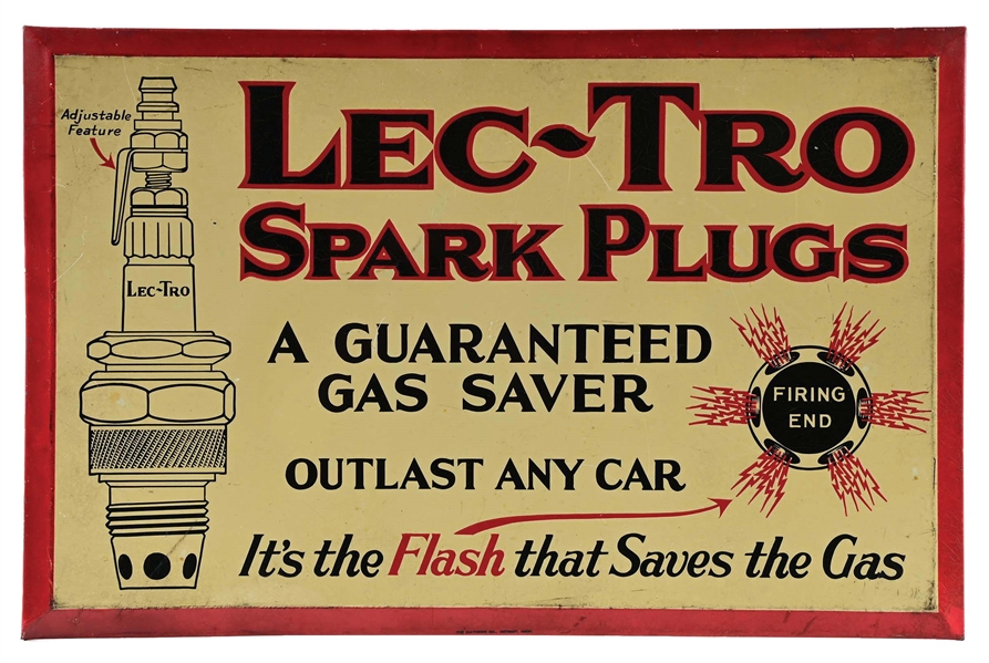 LEC-TRO SPARK PLUGS TIN OVER CARDBOARD SIGN W/ SPARK PLUG GRAPHI.