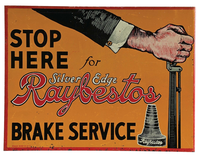RAYBESTOS BRAKE SERVICE PAINTED METAL FLANGE SIGN W/ HAND GRAPHIC.