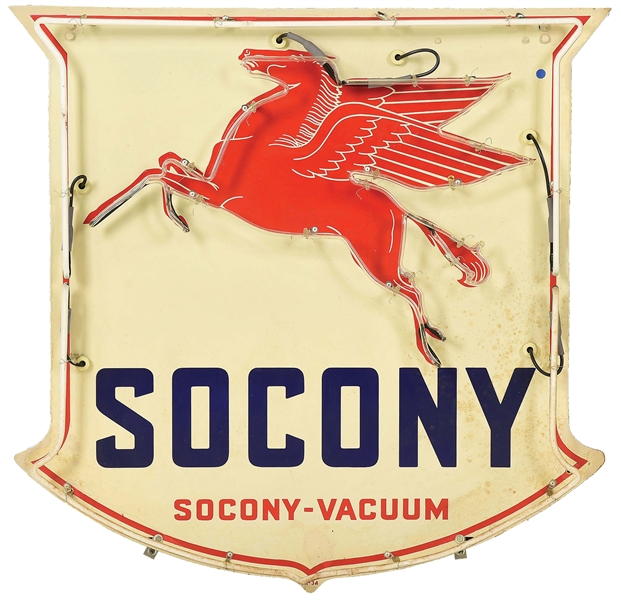 SOCONY-VACUUM PORCELAIN SHIELD SIGN WITH ADDED NEON.