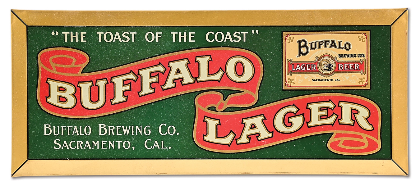 BUFFALO BREWING CO LAGER BEER TIN OVER CARDBOARD SIGN.