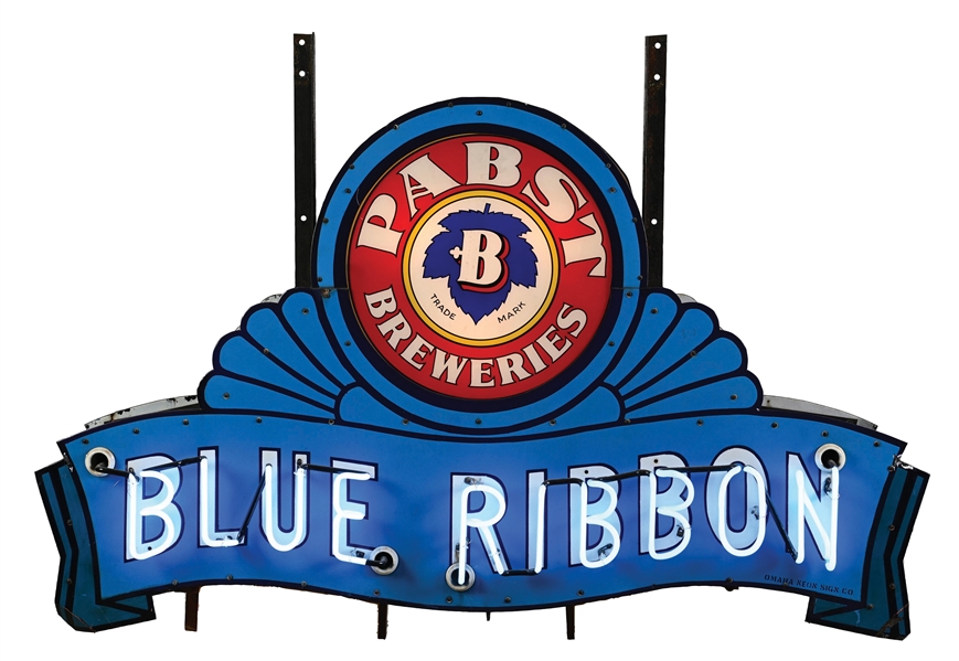PABST BLUE RIBBON DOUBLE-SIDED PORCELAIN NEON SIGN W/ GLASS FACE