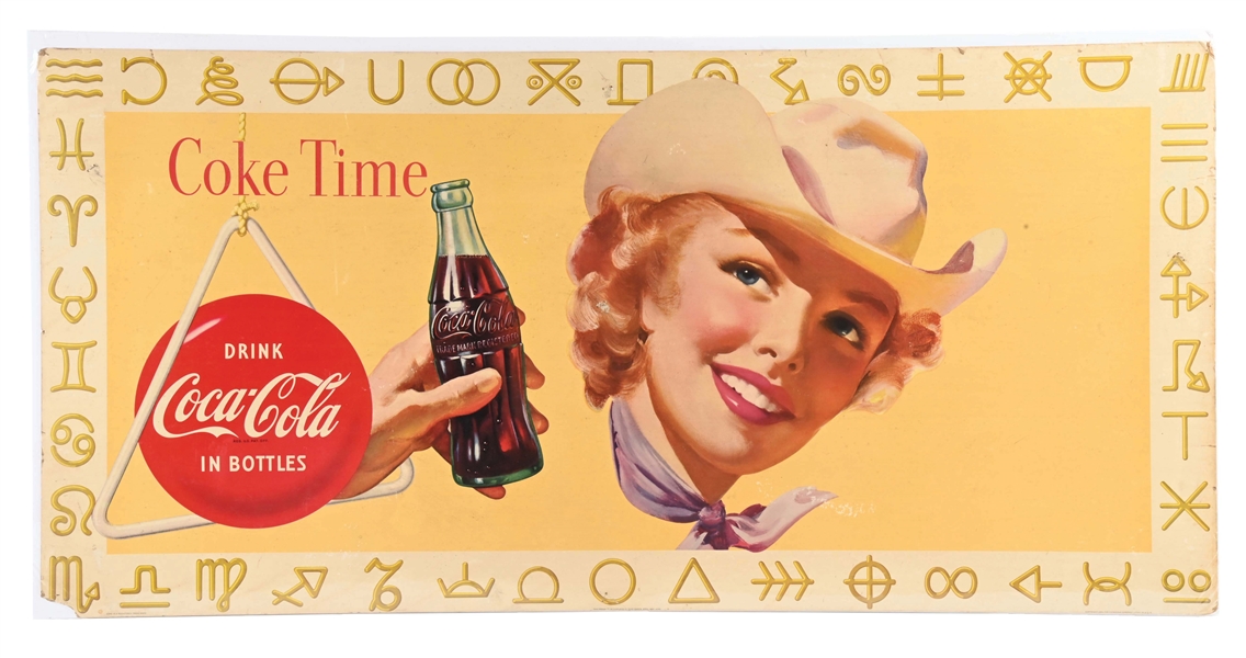 "COKE TIME DRINK" COCA-COLA IN BOTTLES CARDBOARD LITHOGRAPH W/ COWGIRL GRAPHIC.