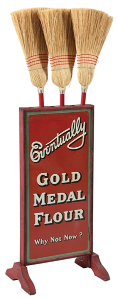 GOLD MEDAL FLOUR DOUBLE-SIDED TIN BROOM DISPLAY W/ 3 NEW OLD STOCK BROOMS.