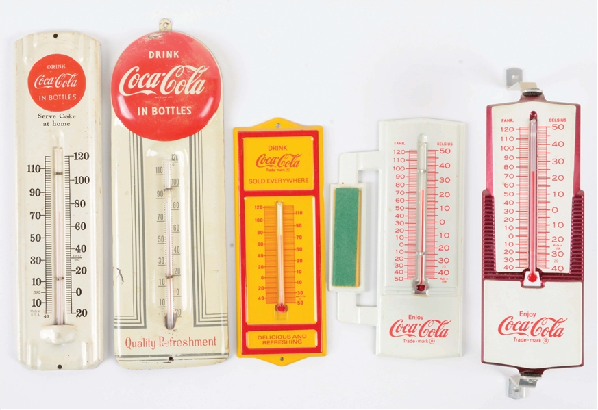COLLECTION OF 5 TIN COCA-COLA THERMOMETERS.