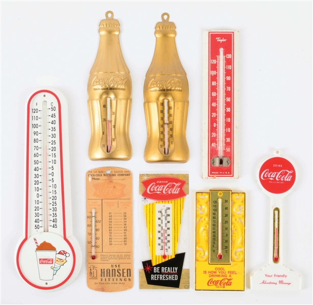 COLLECTION OF 7 VARIOUS COCA-COLA THERMOMETERS.