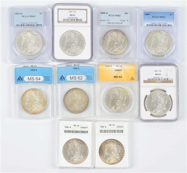 LOT OF 10: MORGAN SILVER DOLLARS, ALL GRADED, ANACS, PCGS, NGC.