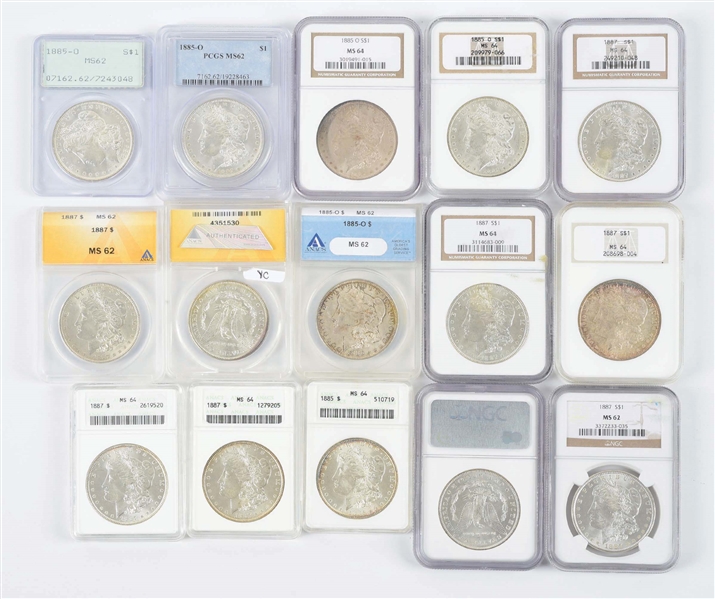 LOT OF 15: MORGAN SILVER DOLLARS, ALL GRADED, ANACS, PCGS, NGC.