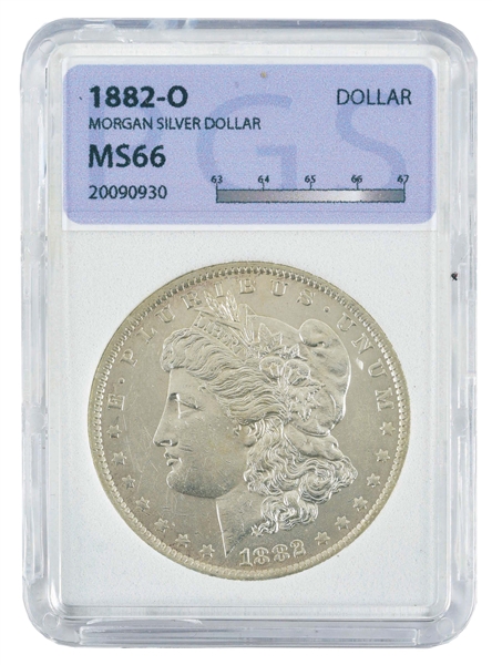 1882-O MORGAN SILVER DOLLAR, MS66, PGS.