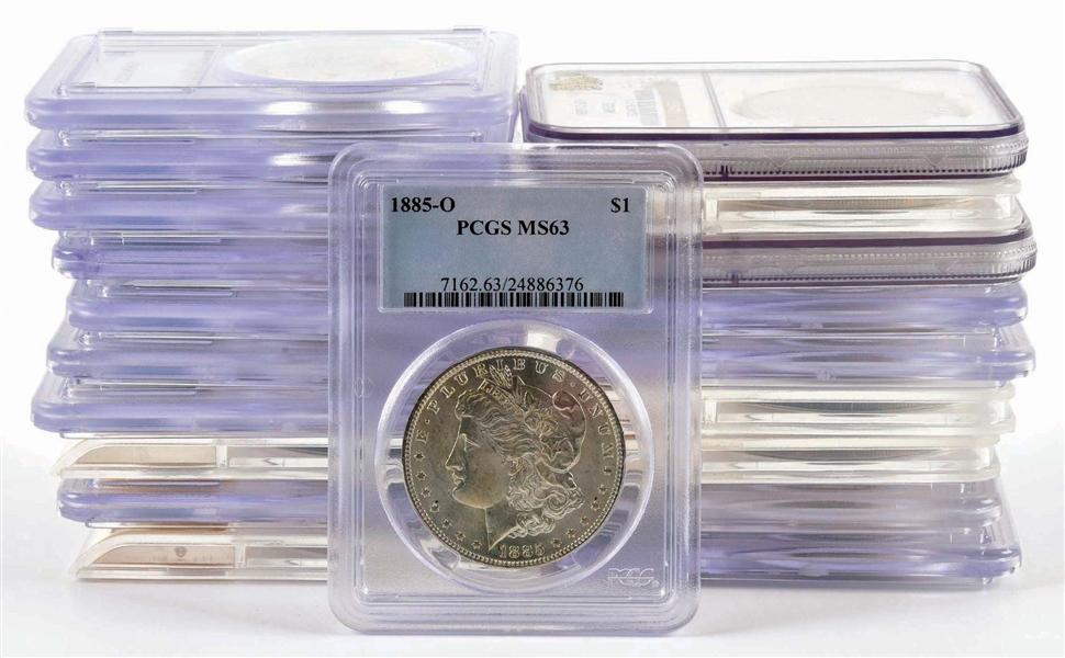 LOT OF 20: 1885-O MORGAN SILVER DOLLARS, ALL GRADED.