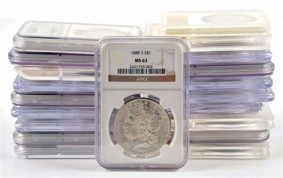 LOT OF 20: MORGAN SILVER DOLLARS, ALL GRADED, ANACS, PCGS & NGC.